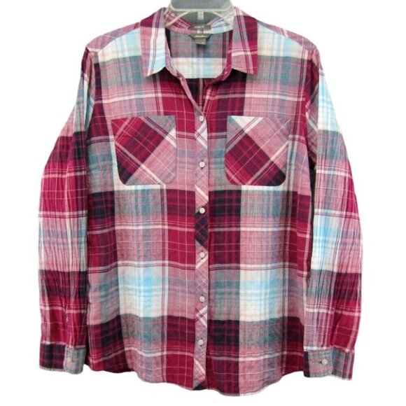 Eddie Bauer Tops - Eddie Bauer Red Blue Plaid Crinkle Button Up Top Womens Size XL Classic Fit